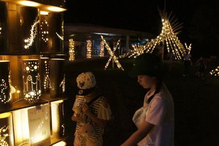 『竹あかり』の光の回廊を楽しむゲストの様子（８月９日・アドベンチャーワールド）