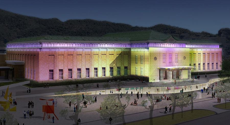 　京都市京セラ美術館のライトアップイメージ。イベント時にはさまざまなな演出も