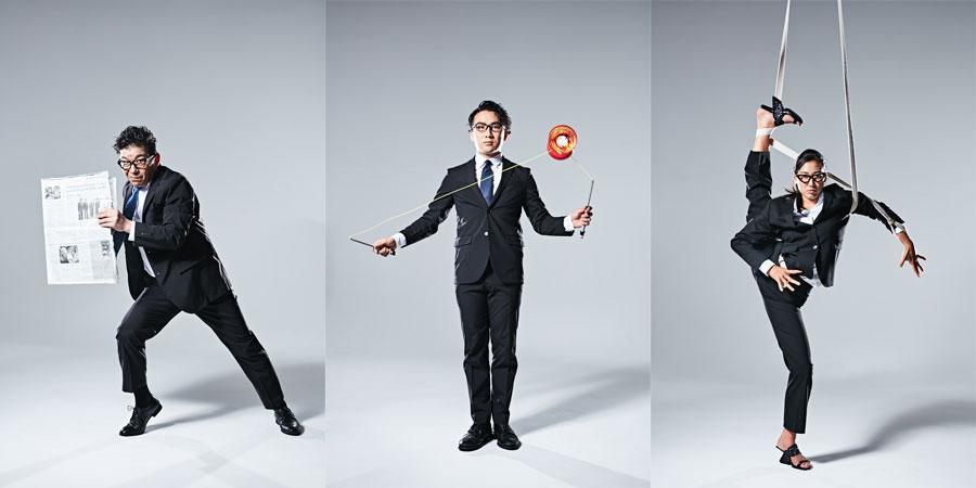 　本作の日本人パフォーマーら。左からＫＡＭＩＹＡＭＡ、望月ゆうさく、品川ミズキ