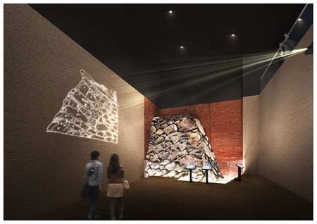 　大坂城豊臣石垣公開施設の完成予想図。地下７ｍの豊臣時代の地層から立ち上がる野面積みの石垣を見ることができ、本物の歴史文化を体感できる