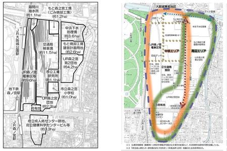開発エリアの現状（左）と将来像　出典：大阪市