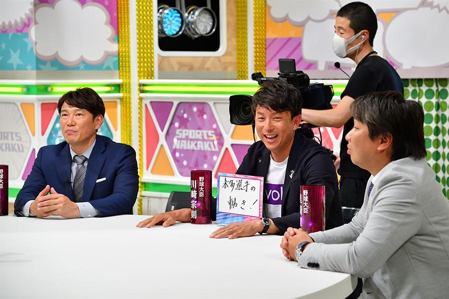 　４月１５日放送の『戦え！スポーツ内閣』（ＭＢＳテレビ）の一場面、左から井端弘和氏、川崎宗則氏、里崎智也氏