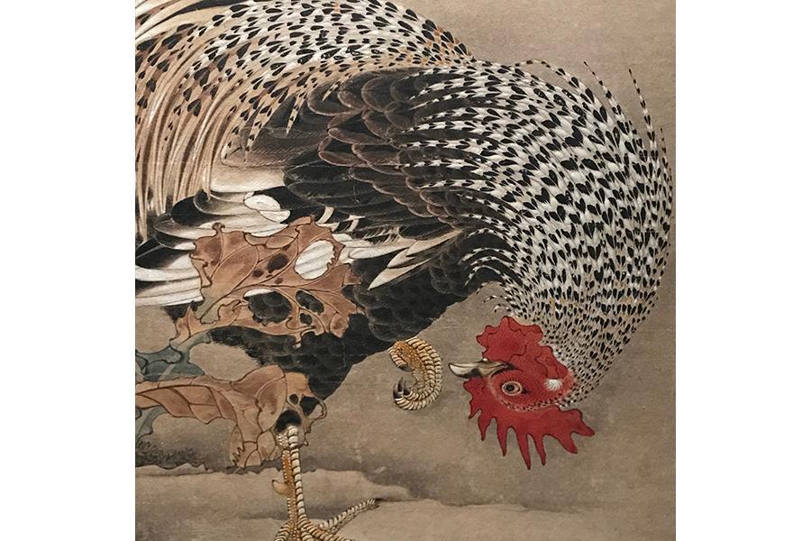 『蕪に双鶏図』（部分）。鬼気迫る細密描写は、超絶技巧だ