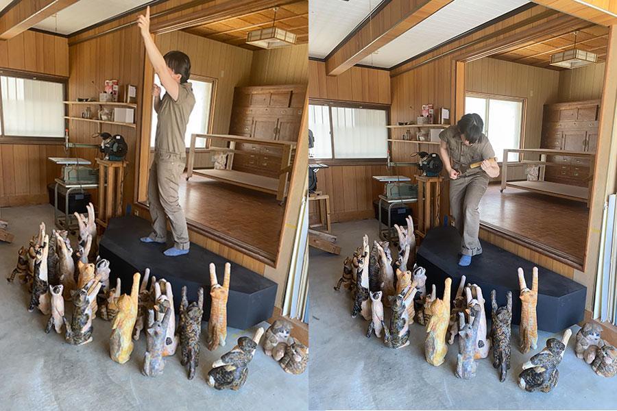 ＳＮＳで話題になった「ライブハウスごっこができる装置」。木彫りのねこの観客と熱狂する彫刻家の花房さくらさん