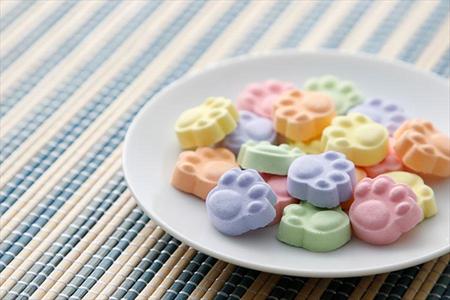 　肉球型が愛らしい「お茶によく合う京ラムネ」（７５６円）※写真は「ミックス」