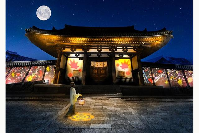 真作　限定一点物　オリジナル　デジタルアート　絵画　神秘的な寺院の風景アート 世界遺産30周年の「法隆寺」が華やぐ秋、国宝が光のアートで幻想的に