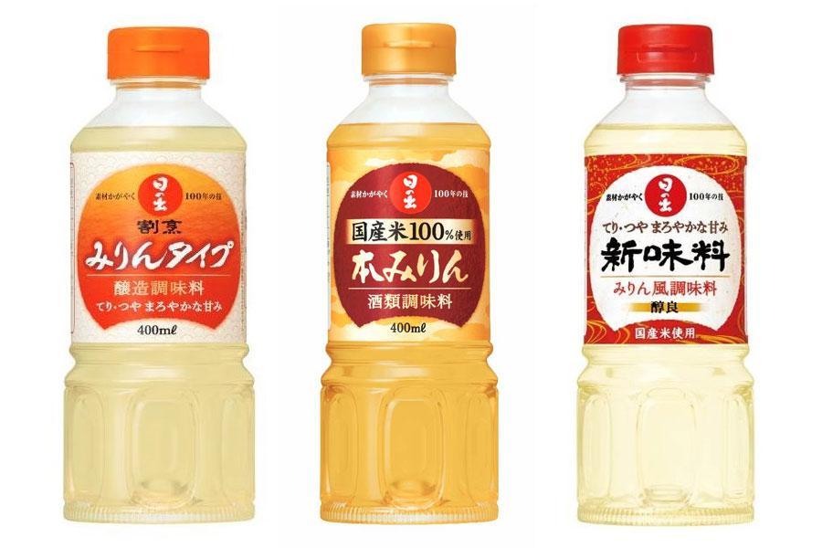 　真ん中が酒類に分類される「本みりん」。左がみりんタイプ調味料の「割烹みりんタイプ」、右がみりん風調味料の「新味料（醇良）」