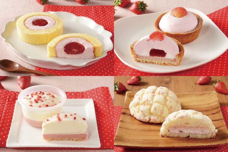 ローソン×ＩＣＨＩＢＩＫＯコラボ商品（左上から時計回りに）「いちごロールケーキ」「いちごミルクのタルト」「苺メロンパン」「ふわ濃チーズケーキ（いちご）」