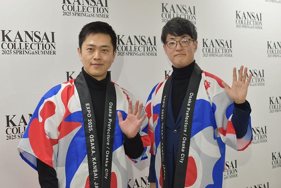 　『ＫＡＮＳＡＩ ＣＯＬＬＥＣＴＩＯＮ ２０２５ ＳＰＲＩＮＧ＆ＳＵＭＭＥＲ』の囲み取材に応じる吉村大阪府知事、横山大阪市長（３月２日・大阪市内）