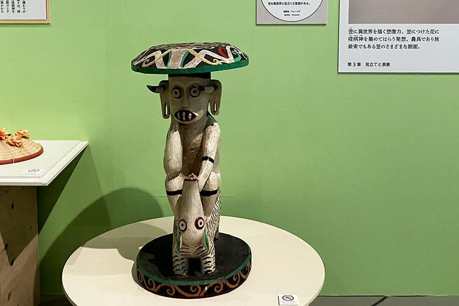 　「世界観をかぶる」というキーワードで展示されているのは、マレーシア・ボルネオ島の先住民クニャー族の神像と、大阪の住吉踊りや東北地方の花笠踊りをモチーフにした縁起物
