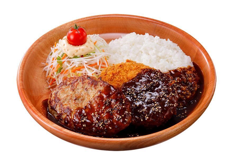 　びっくりドンキー『ハンバーグ屋のメンチカツ』フェアで登場する「メンチカツペッパーソース＆ハンバーグディッシュ」（１８１０円～）