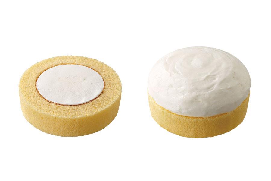 （右）ローソンの『盛りすぎチャレンジ』第1週の「Uchi Cafe盛りすぎ！プレミアムロールケーキ」（227円）