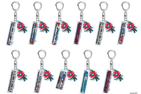 　万博会場内商品「ＥＸＰＯ２０２５＆Ｋａｎｓａｉ Ａｒｅａ Ｔｒａｉｎｓトレーディング２連アクリルキーホルダー（ラッピング列車ｖｅｒ）」（各１１００円／全１１種・ランダム１個入り）