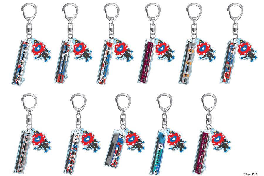 　万博会場内商品「ＥＸＰＯ２０２５＆Ｋａｎｓａｉ Ａｒｅａ Ｔｒａｉｎｓトレーディング２連アクリルキーホルダー（ラッピング列車ｖｅｒ）」（各１１００円／全１１種・ランダム１個入り）