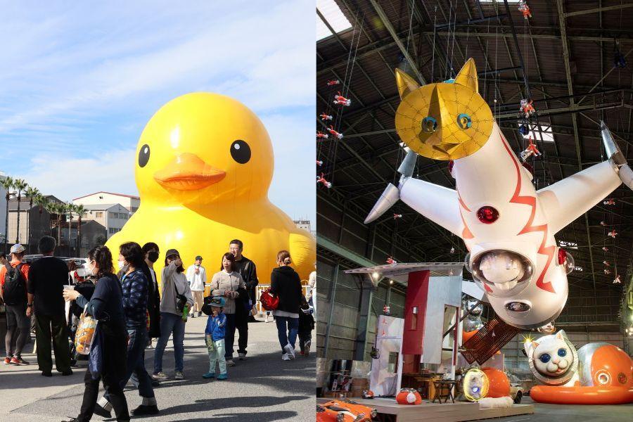 　フロレンティン・ホフマン氏による「ラバー・ダック」と、ヤノベケンジ氏「ＬＵＣＡ号」を中心とした「ＳＨＩＰ’Ｓ ＣＡＴ」シリーズ　写真提供：すみのえアート・ビート実行委員会