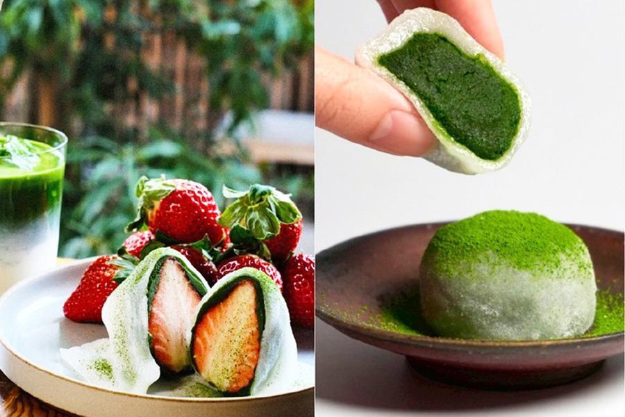 　左から『抹茶クリスマス』に登場する「ＳＨＵＨＡＲＩ ＫＹＯＴＯ」の「ＳＨＵＨＡＲＩ ＫＹＯＴＯ」抹茶のいちご大福（１個６５１円）、「ＭＡＭＩＤＯＲＩ」ＭＡＭＩＤＯＲＩ大福（１個６０１円）