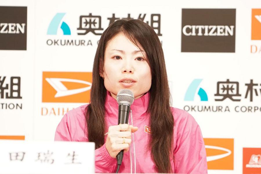 　会見に登壇した松田瑞生選手©カンテレ