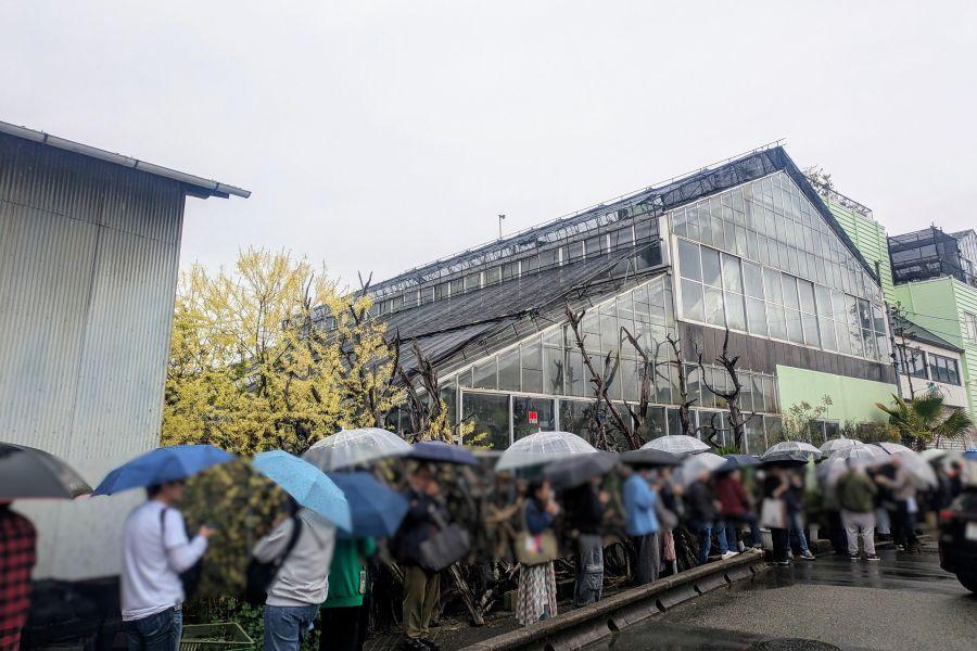 　平和な能勢電鉄「絹延橋駅」駅前に、大行列が。植物ガチ勢には、風雨が強さは関係ない。「今日過去イチのお客さんちゃうかな～」と代表の勲造さんも驚く