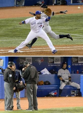 　ブルージェイズ戦の３回、二塁前へ緩いゴロを放ち一塁に駆け込むヤンキースのイチロー（上）。アウト宣告にジラルディ監督がビデオ判定を求め、ベンチで結果を待つイチロー（下）。判定はセーフ＝トロント（共同）
