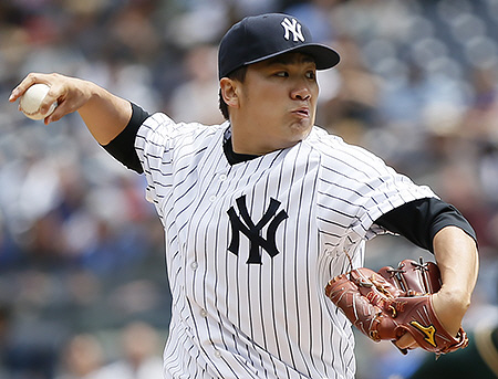 アスレチックス戦に先発し、６回を５安打１失点で９勝目を挙げたヤンキース・田中将＝ヤンキースタジアム（撮影・大橋小太郎）
