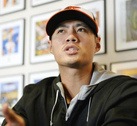 　リーグ優勝決定シリーズに向け、記者会見をするオリオールズのチェン＝ボルティモア（共同）