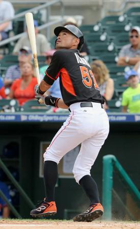 　メッツ戦の６回、三邪飛に倒れ、この試合３打数無安打に終わったマーリンズのイチロー＝ジュピター（共同）