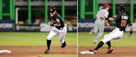 　【右】２回、イチローは安打で出塁後、次打者の打球を二塁ベースを踏みながら追う　【左】安打と分かり二塁ベースを踏まずに三塁へ進む（共同）