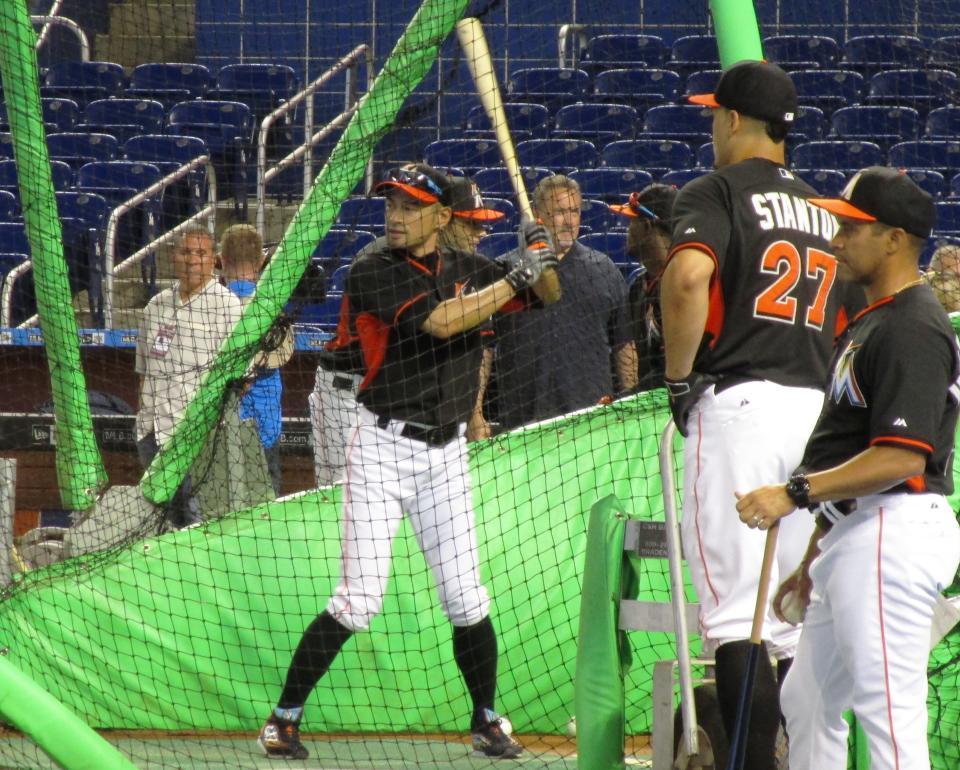 ヤンキース・田中との初対戦を前にして打撃練習を行うイチロー＝マイアミ（撮影・小林信行）