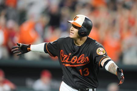 　ドジャース戦でサヨナラ満塁本塁打を放ったオリオールズのマニー・マチャド＝１８日、ボルティモア（ゲッティ＝共同）