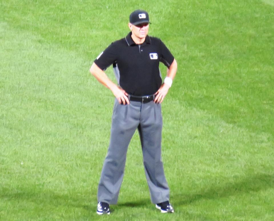 左手首に、白いリストバンドをして試合に臨んだＭＬＢの審判（８月１９日撮影）