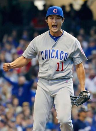 ブルワーズ戦で６回を投げ終え、雄たけびを上げるカブスのダルビッシュ＝ミルウォーキー（共同）