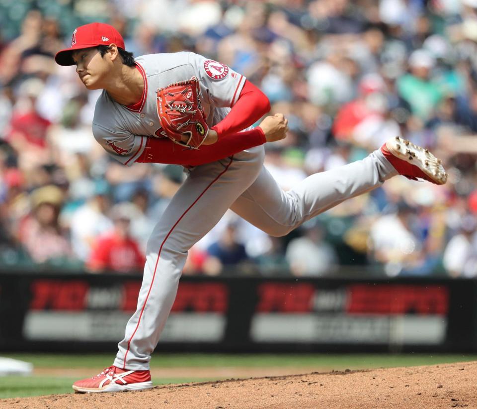 マリナーズ戦に先発し、６回０／３を２失点で３勝目を挙げたエンゼルス・大谷＝シアトル（共同）