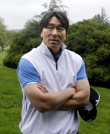 　チャリティーゴルフに参加し、エンゼルス・大谷らについて話す松井秀喜氏＝14日、ニューヨーク近郊（共同）