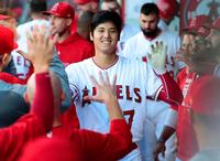 マリナーズ戦の１回、20号本塁打を放ちベンチで迎えられるエンゼルス・大谷＝アナハイム（共同）