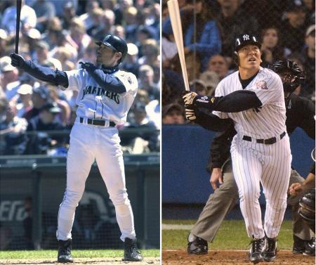 　左からマリナーズのイチロー外野手（２００１年撮影）、ヤンキースの松井秀喜外野手（２００３年撮影）