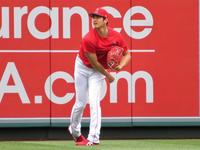 手術跡の残る右肘をしならせてキャッチボールをする大谷（撮影・小林信行）