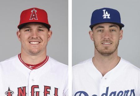 　左からエンゼルスのトラウト外野手、ドジャースのベリンジャー外野手（いずれもゲッティ＝共同）