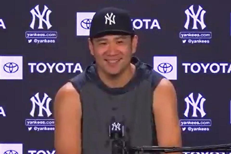 　オンライン取材に応じるヤンキースの田中将大＝14日、ニューヨーク（共同）