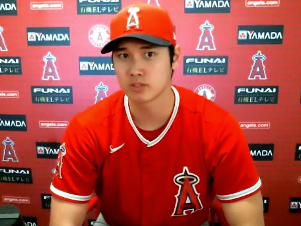 練習後にオンライン取材に応じた大谷