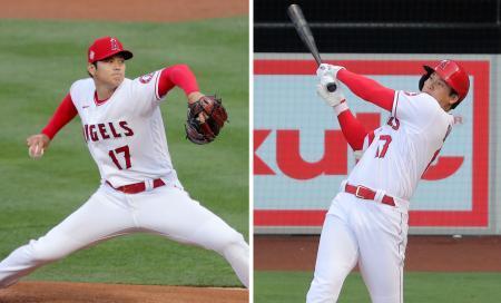 　米大リーグ公式戦で初めて投打同時出場を果たしたエンゼルス・大谷翔平。ホワイトソックス戦で投手として今季初先発し、１回に２号先制本塁打を放った＝４日、米カリフォルニア州アナハイム（共同）