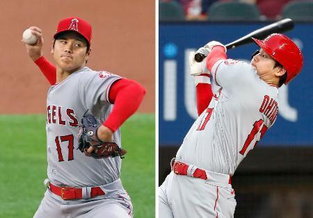 　米大リーグのレンジャーズ戦に「２番・投手」で先発出場したエンゼルス・大谷翔平。２回には２点二塁打を放った（右）＝２６日、アーリントン（共同）