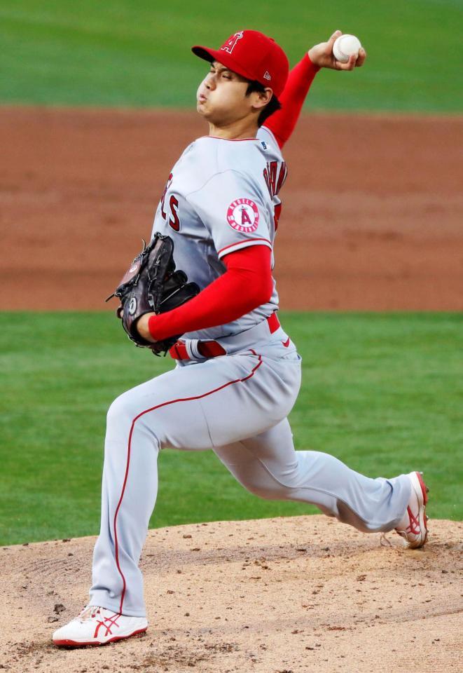 アスレチックス戦に先発したエンゼルス・大谷＝オークランド（共同）