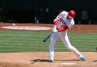 タイガース戦の５回、３試合連続本塁打となる23号２ランを放つエンゼルス・大谷＝アナハイム（共同）