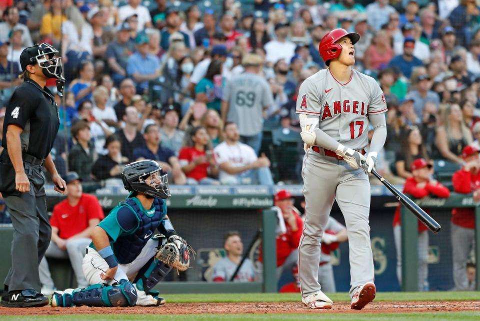 　マリナーズ戦の３回、２試合連続本塁打となる33号ソロを放ったエンゼルス・大谷＝シアトル（共同）