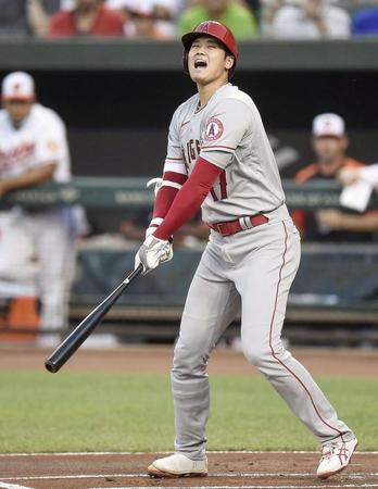 　１回、空振り三振に倒れたエンゼルス・大谷＝ボルティモア（ゲッティ＝共同）