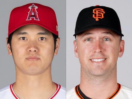 　エンゼルスの大谷（左）とジャイアンツのポージー