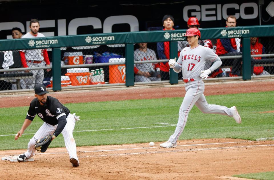 　ホワイトソックス戦の７回、投ゴロ併殺に倒れたエンゼルス・大谷＝シカゴ（共同）