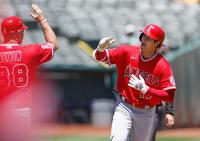 　アスレチックス戦の１回、２試合連続となる８号２ランを放ち本塁に向かうエンゼルス・大谷＝オークランド（共同）