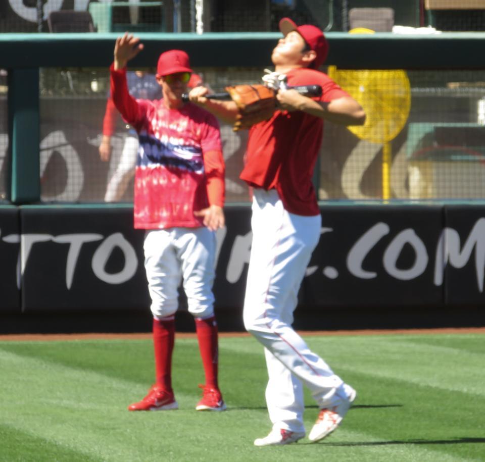 自分の体にバットをこすりつけて笑いを誘う大谷