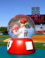 観客に配布された大谷のスノードーム（共同）